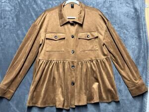 Boho Western Faux Suede Peplum Shacket Jacket Woman’s Camel Tan Babydoll Shirt L